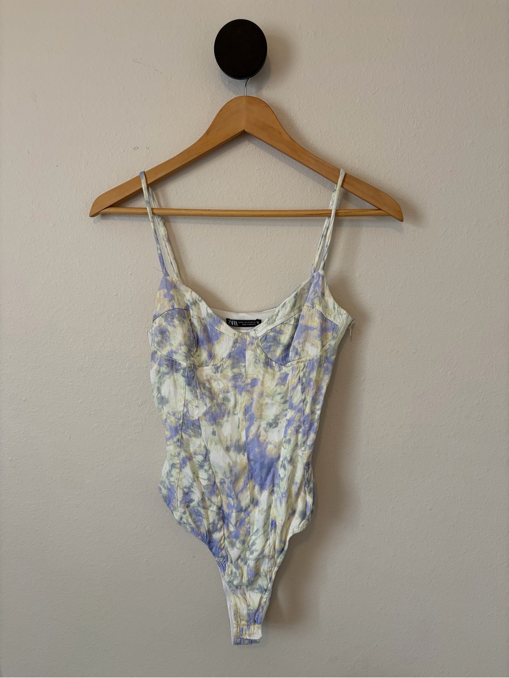 Zara Women’s XS Tie Dye Purple Mint Green Bodysuit Zip Side